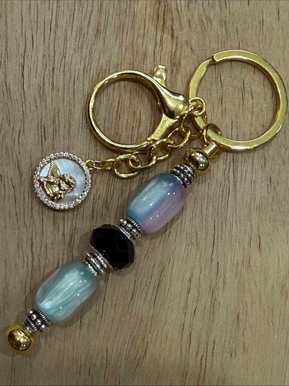 Gold Keyring Beaded Charm with Pastel Blue-Green Beads
